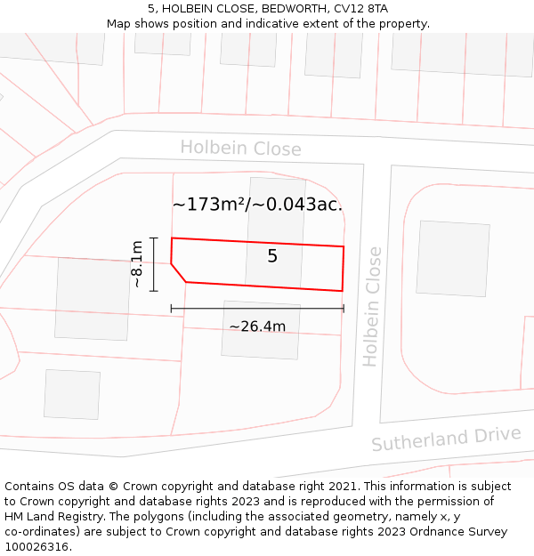 5, HOLBEIN CLOSE, BEDWORTH, CV12 8TA: Plot and title map