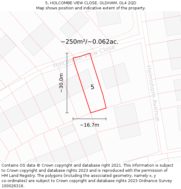 5, HOLCOMBE VIEW CLOSE, OLDHAM, OL4 2QD: Plot and title map