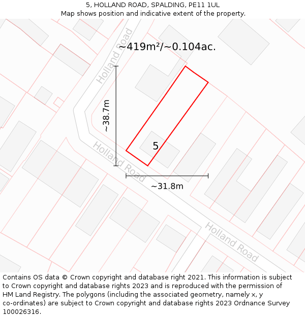 5, HOLLAND ROAD, SPALDING, PE11 1UL: Plot and title map