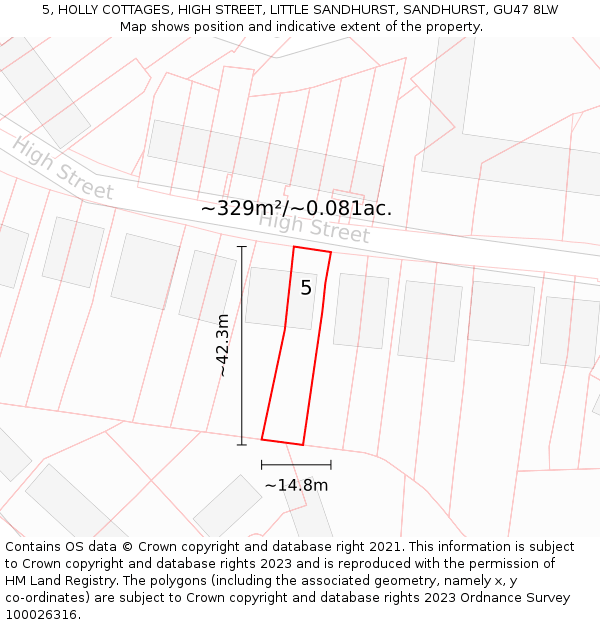 5, HOLLY COTTAGES, HIGH STREET, LITTLE SANDHURST, SANDHURST, GU47 8LW: Plot and title map