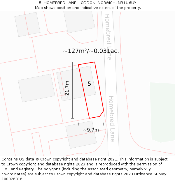 5, HOMEBRED LANE, LODDON, NORWICH, NR14 6UY: Plot and title map
