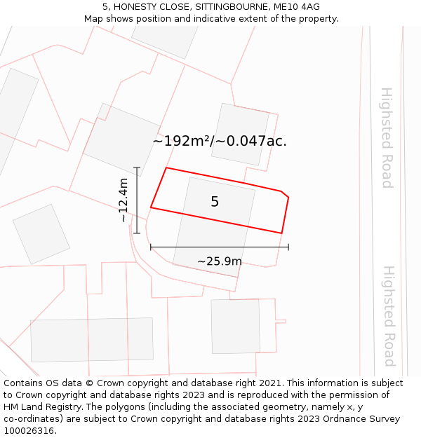 5, HONESTY CLOSE, SITTINGBOURNE, ME10 4AG: Plot and title map