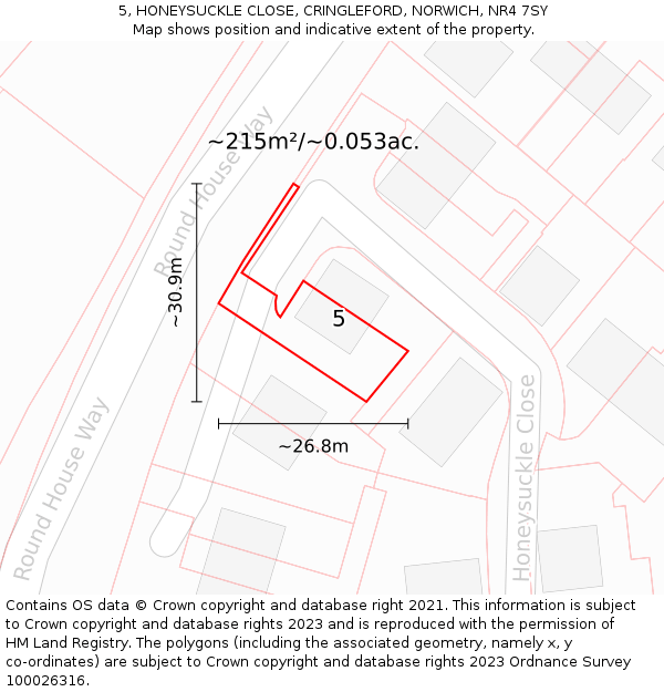 5, HONEYSUCKLE CLOSE, CRINGLEFORD, NORWICH, NR4 7SY: Plot and title map