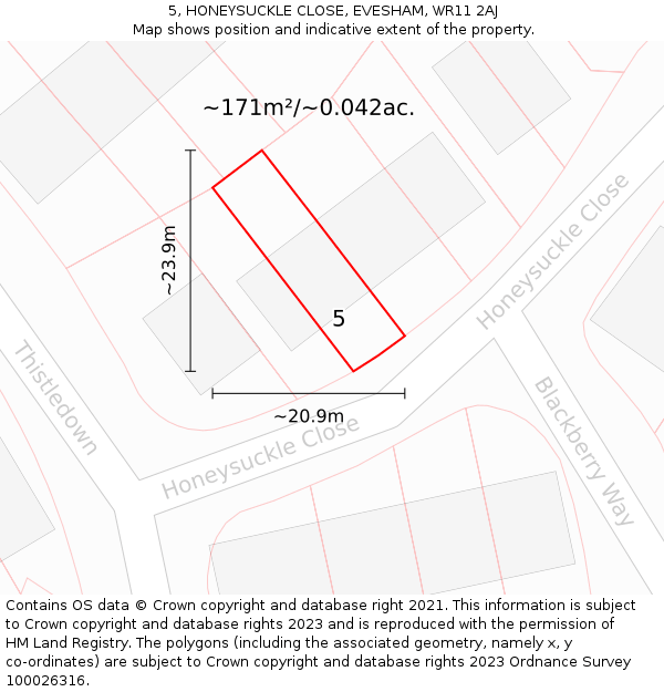 5, HONEYSUCKLE CLOSE, EVESHAM, WR11 2AJ: Plot and title map