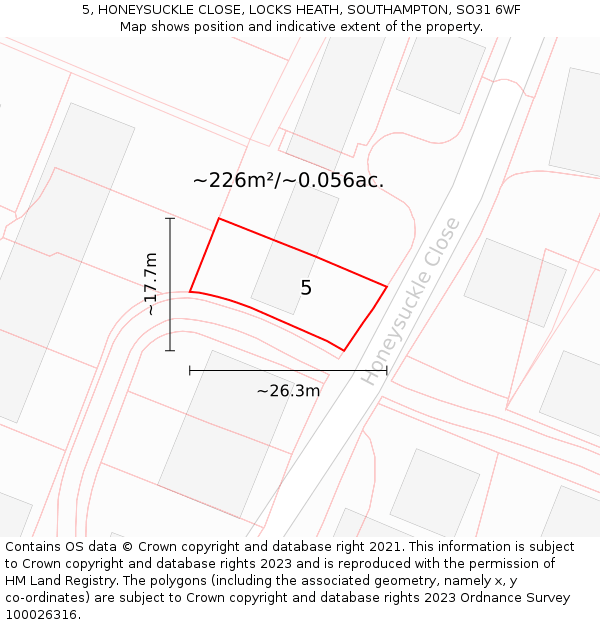 5, HONEYSUCKLE CLOSE, LOCKS HEATH, SOUTHAMPTON, SO31 6WF: Plot and title map