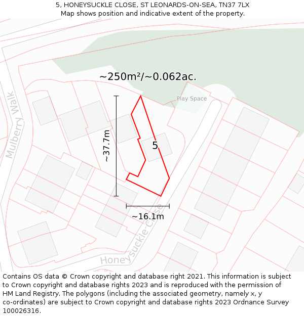5, HONEYSUCKLE CLOSE, ST LEONARDS-ON-SEA, TN37 7LX: Plot and title map