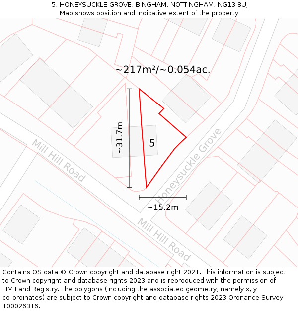 5, HONEYSUCKLE GROVE, BINGHAM, NOTTINGHAM, NG13 8UJ: Plot and title map