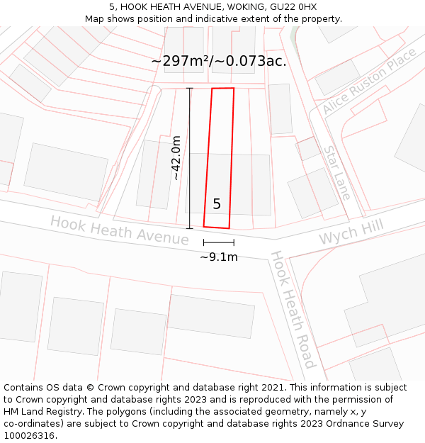 5, HOOK HEATH AVENUE, WOKING, GU22 0HX: Plot and title map