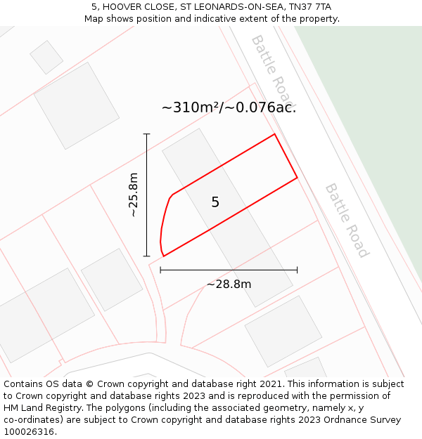 5, HOOVER CLOSE, ST LEONARDS-ON-SEA, TN37 7TA: Plot and title map