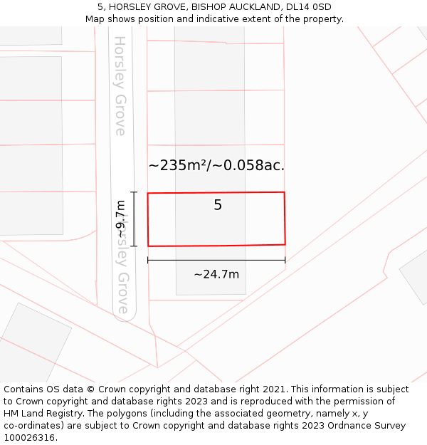 5, HORSLEY GROVE, BISHOP AUCKLAND, DL14 0SD: Plot and title map