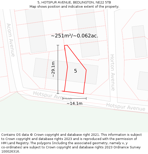 5, HOTSPUR AVENUE, BEDLINGTON, NE22 5TB: Plot and title map
