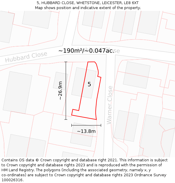 5, HUBBARD CLOSE, WHETSTONE, LEICESTER, LE8 6XT: Plot and title map