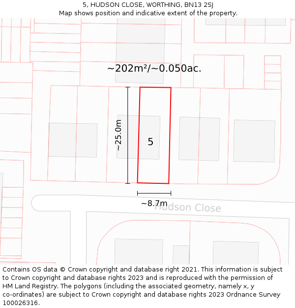 5, HUDSON CLOSE, WORTHING, BN13 2SJ: Plot and title map
