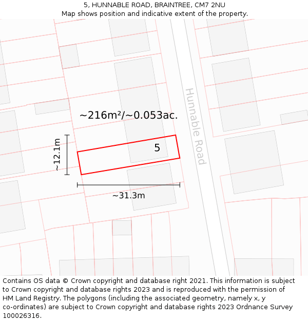 5, HUNNABLE ROAD, BRAINTREE, CM7 2NU: Plot and title map