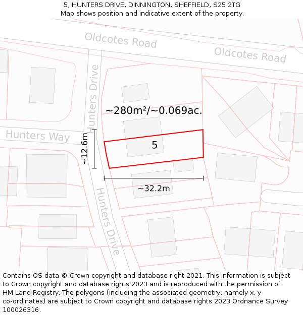 5, HUNTERS DRIVE, DINNINGTON, SHEFFIELD, S25 2TG: Plot and title map