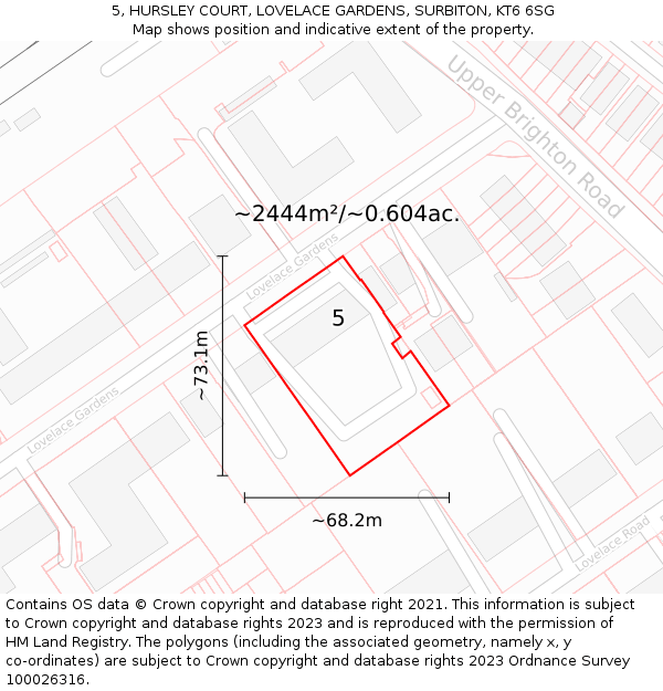 5, HURSLEY COURT, LOVELACE GARDENS, SURBITON, KT6 6SG: Plot and title map