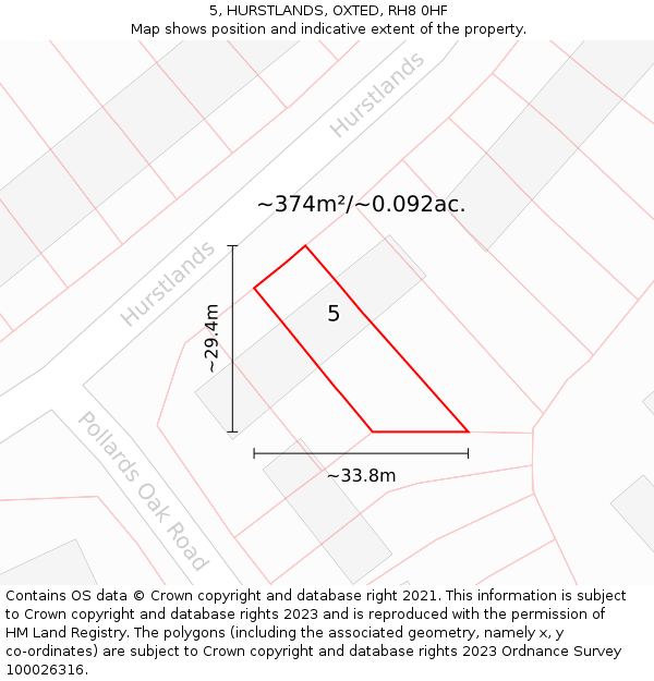 5, HURSTLANDS, OXTED, RH8 0HF: Plot and title map