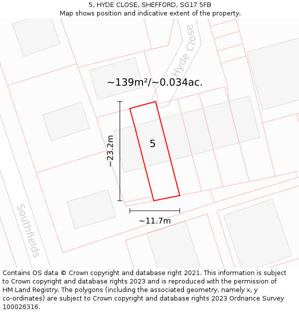 5, HYDE CLOSE, SHEFFORD, SG17 5FB: Plot and title map