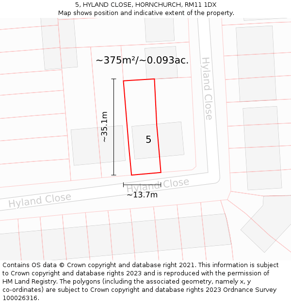 5, HYLAND CLOSE, HORNCHURCH, RM11 1DX: Plot and title map