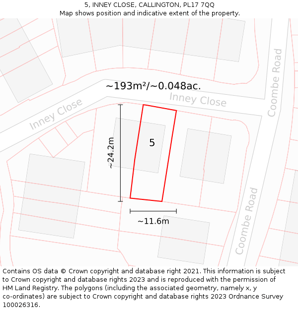 5, INNEY CLOSE, CALLINGTON, PL17 7QQ: Plot and title map