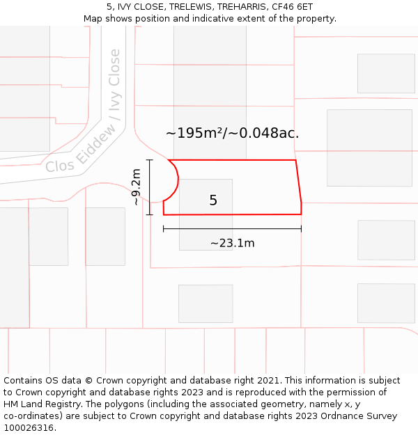 5, IVY CLOSE, TRELEWIS, TREHARRIS, CF46 6ET: Plot and title map