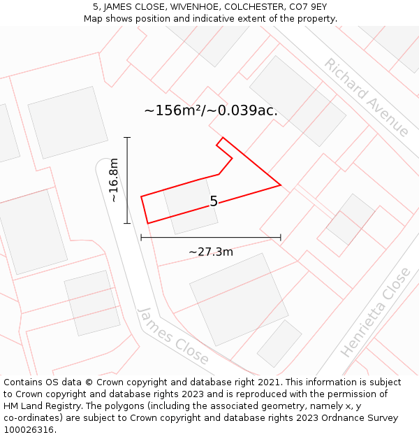 5, JAMES CLOSE, WIVENHOE, COLCHESTER, CO7 9EY: Plot and title map