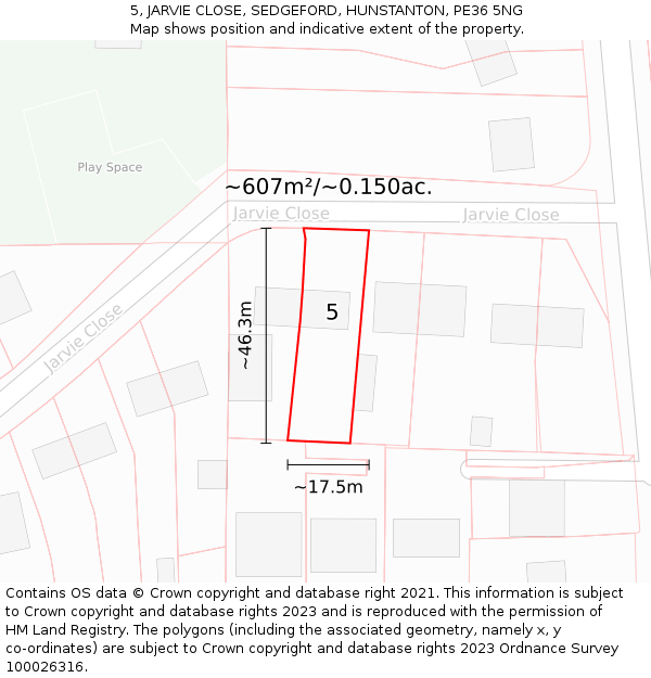 5, JARVIE CLOSE, SEDGEFORD, HUNSTANTON, PE36 5NG: Plot and title map