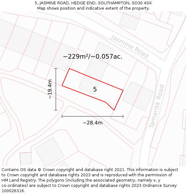 5, JASMINE ROAD, HEDGE END, SOUTHAMPTON, SO30 4SX: Plot and title map