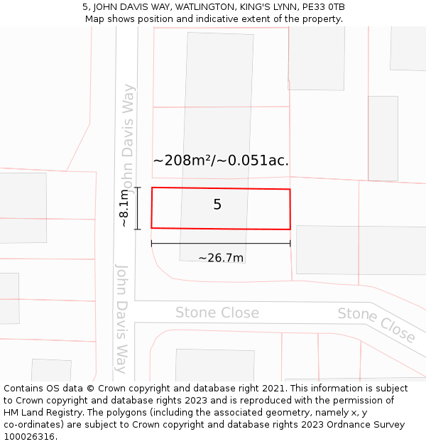 5, JOHN DAVIS WAY, WATLINGTON, KING'S LYNN, PE33 0TB: Plot and title map