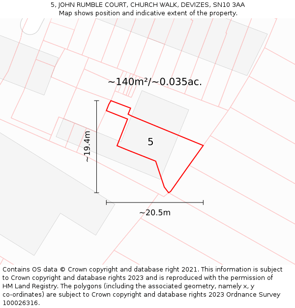 5, JOHN RUMBLE COURT, CHURCH WALK, DEVIZES, SN10 3AA: Plot and title map