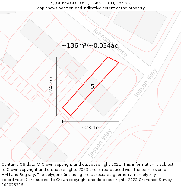 5, JOHNSON CLOSE, CARNFORTH, LA5 9UJ: Plot and title map