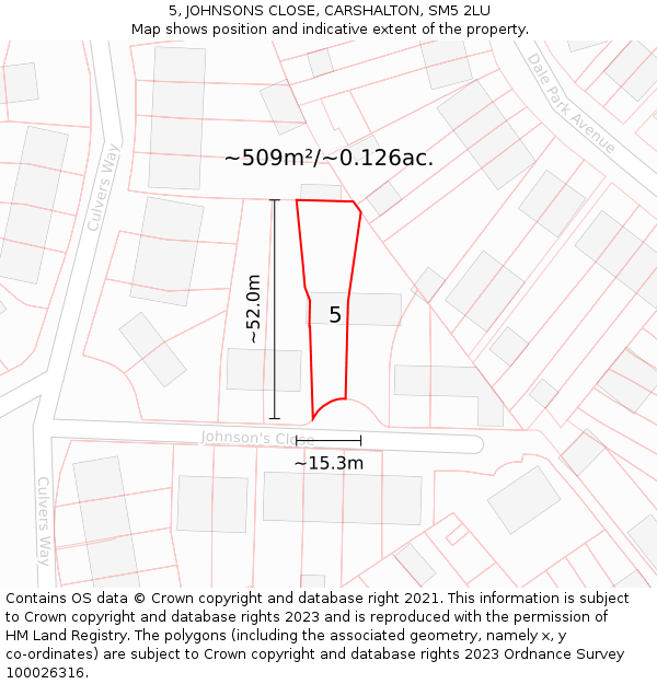 5, JOHNSONS CLOSE, CARSHALTON, SM5 2LU: Plot and title map