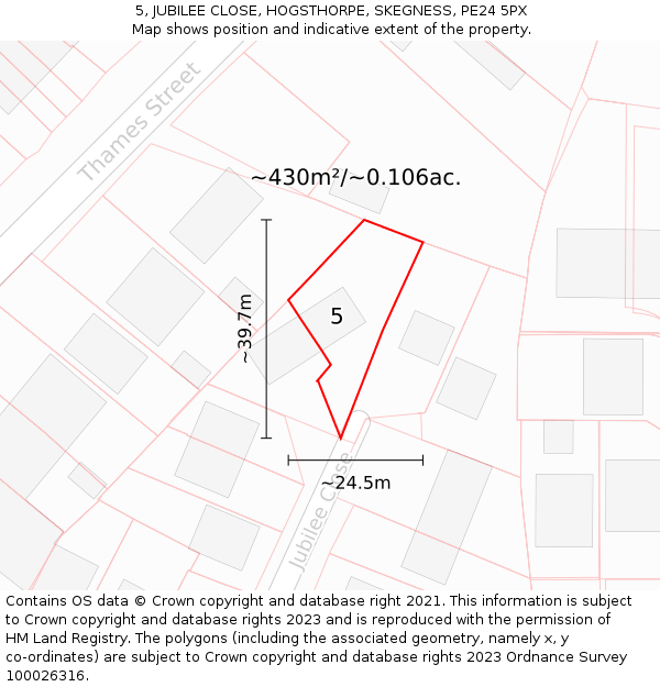 5, JUBILEE CLOSE, HOGSTHORPE, SKEGNESS, PE24 5PX: Plot and title map