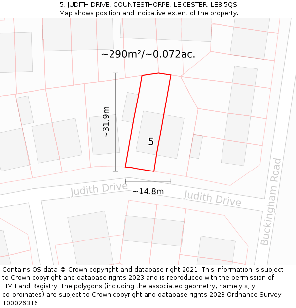 5, JUDITH DRIVE, COUNTESTHORPE, LEICESTER, LE8 5QS: Plot and title map