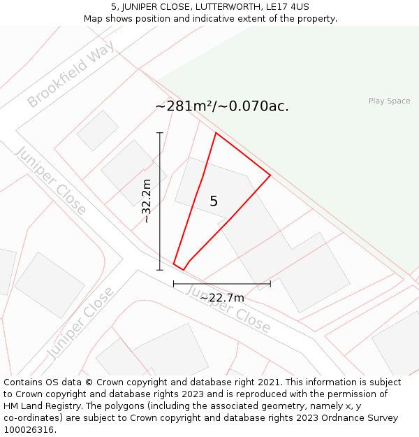 5, JUNIPER CLOSE, LUTTERWORTH, LE17 4US: Plot and title map