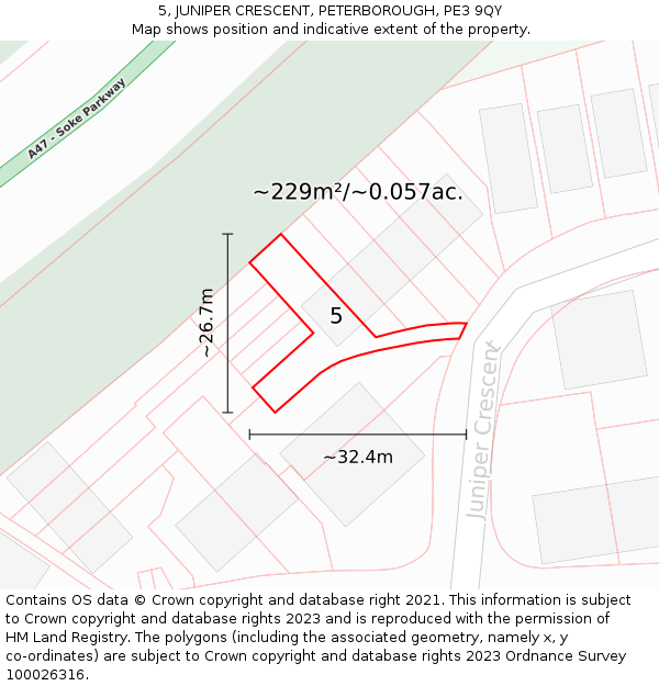 5, JUNIPER CRESCENT, PETERBOROUGH, PE3 9QY: Plot and title map