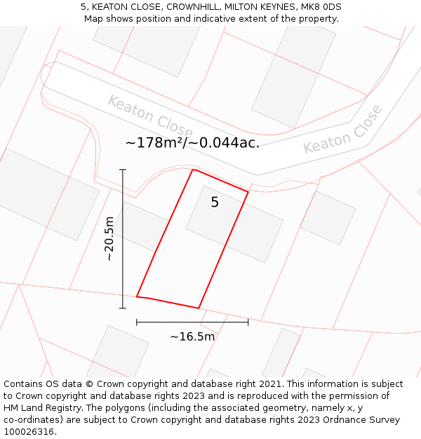 5, KEATON CLOSE, CROWNHILL, MILTON KEYNES, MK8 0DS: Plot and title map