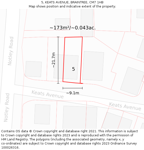 5, KEATS AVENUE, BRAINTREE, CM7 1HB: Plot and title map