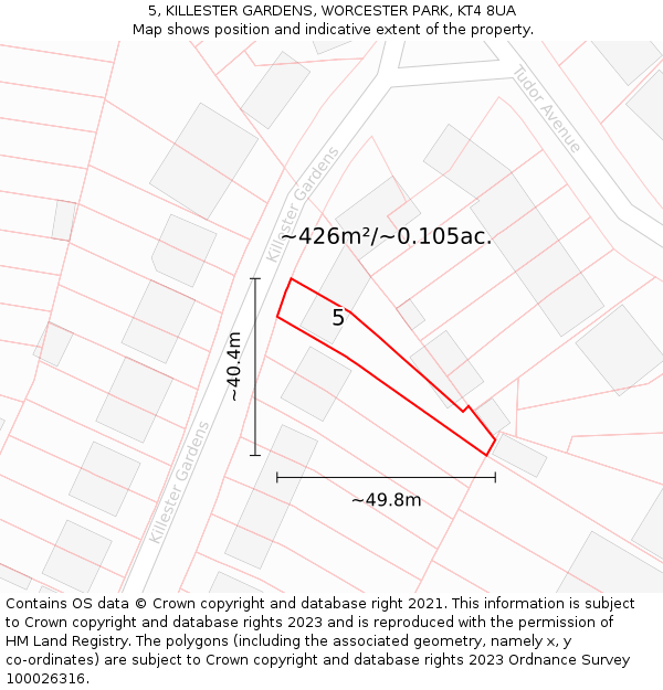 5, KILLESTER GARDENS, WORCESTER PARK, KT4 8UA: Plot and title map