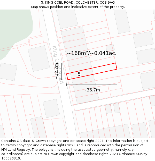 5, KING COEL ROAD, COLCHESTER, CO3 9AG: Plot and title map