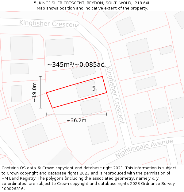 5, KINGFISHER CRESCENT, REYDON, SOUTHWOLD, IP18 6XL: Plot and title map
