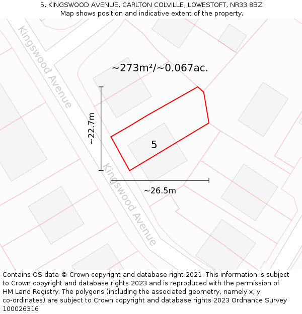 5, KINGSWOOD AVENUE, CARLTON COLVILLE, LOWESTOFT, NR33 8BZ: Plot and title map