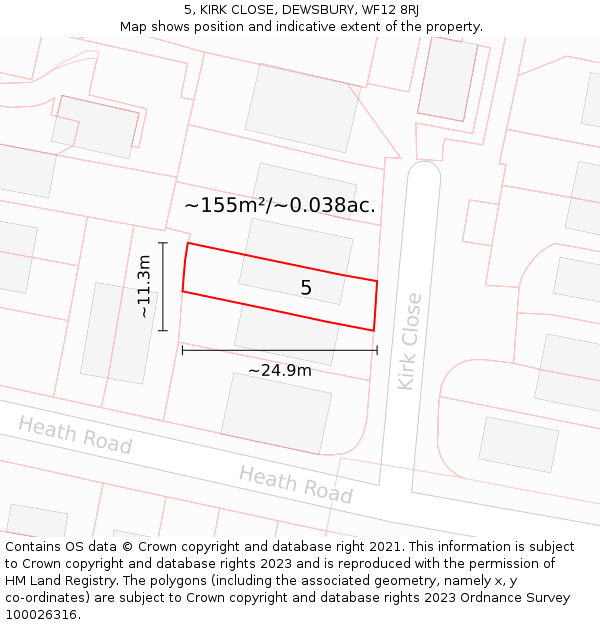 5, KIRK CLOSE, DEWSBURY, WF12 8RJ: Plot and title map