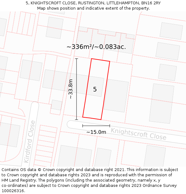 5, KNIGHTSCROFT CLOSE, RUSTINGTON, LITTLEHAMPTON, BN16 2RY: Plot and title map