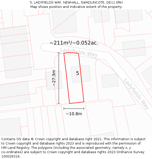 5, LADYFIELDS WAY, NEWHALL, SWADLINCOTE, DE11 0RH: Plot and title map