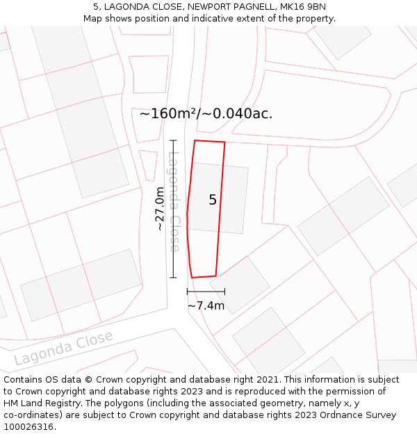 5, LAGONDA CLOSE, NEWPORT PAGNELL, MK16 9BN: Plot and title map