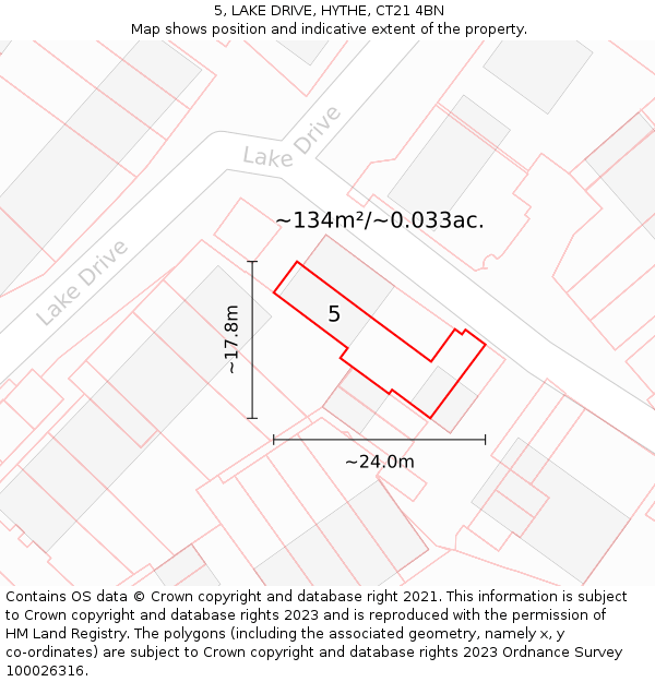 5, LAKE DRIVE, HYTHE, CT21 4BN: Plot and title map
