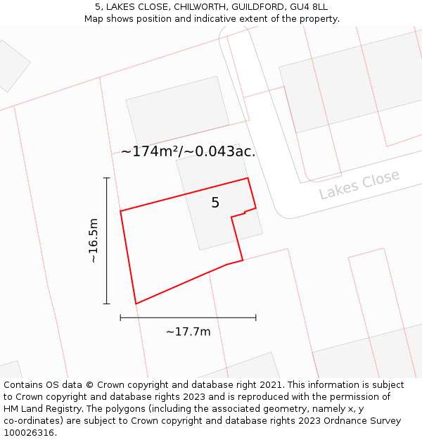 5, LAKES CLOSE, CHILWORTH, GUILDFORD, GU4 8LL: Plot and title map