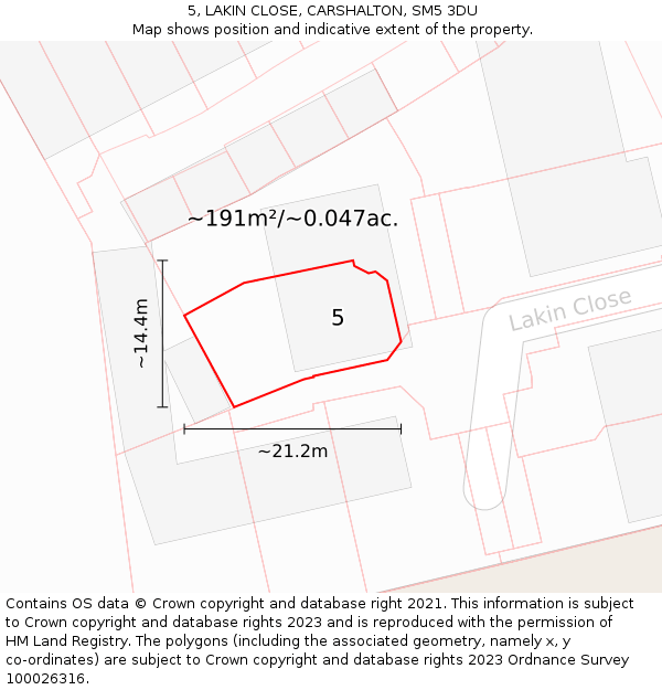 5, LAKIN CLOSE, CARSHALTON, SM5 3DU: Plot and title map