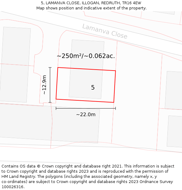 5, LAMANVA CLOSE, ILLOGAN, REDRUTH, TR16 4EW: Plot and title map